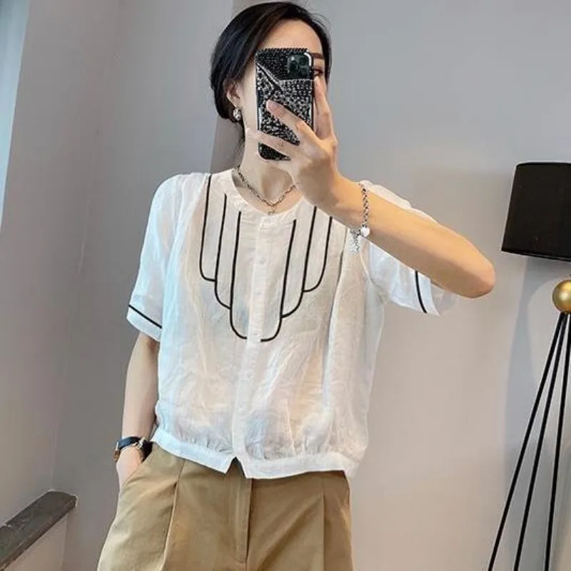 Women Summer Simplicity Office Lady Solid Color O-neck Short Sleeve Shirts Ladies Fashion All-match Appear Thin Temperament Tops
Women Summer Simplicity Office Lady Solid Color O-neck Short Sleeve Shirts Ladies Fashion All-match Appear Thin Temperament Tops