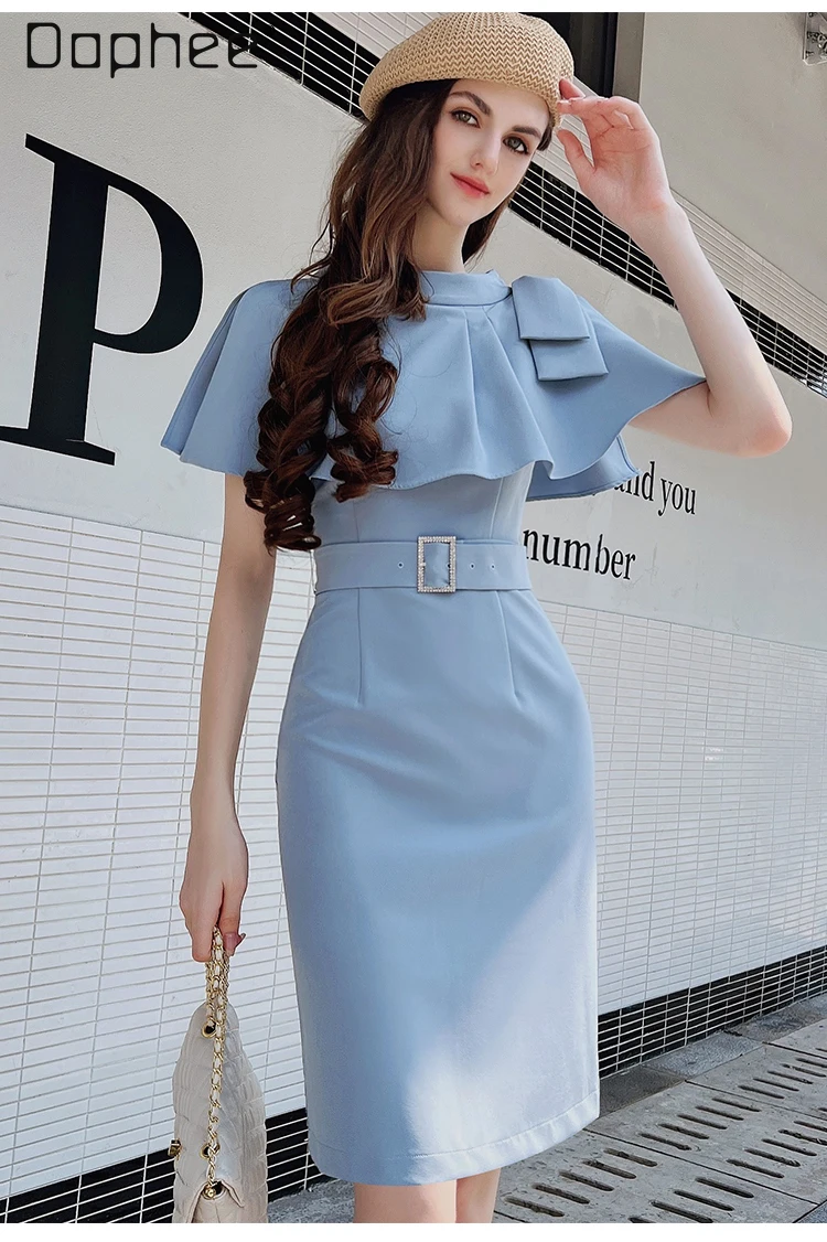 Elegant Cape Bow Temperament Dress High-end Temperament Belt Slim Short Sleeve Mid-length Dress for Women OL A-line Dresses
Elegant Cape Bow Temperament Dress High-end Temperament Belt Slim Short Sleeve Mid-length Dress for Women OL A-line Dresses