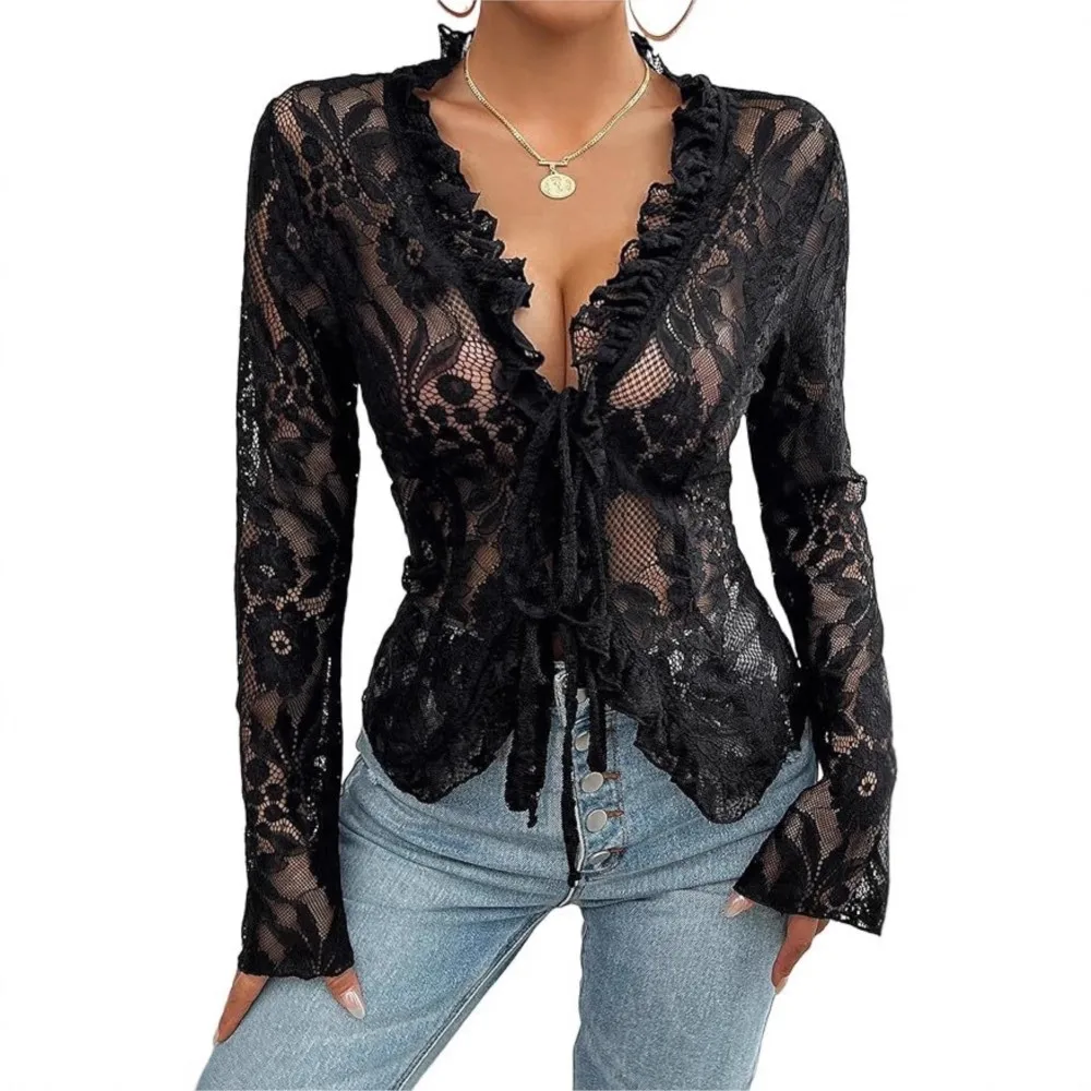 Elegant Lace Long Sleeve Shirt Summer New Style Women's Sexy V Neck Fashion Strappy Cardigan Top Ropa Para Mujer Tops De Mujer
Elegant Lace Long Sleeve Shirt Summer New Style Women's Sexy V Neck Fashion Strappy Cardigan Top Ropa Para Mujer Tops De Mujer