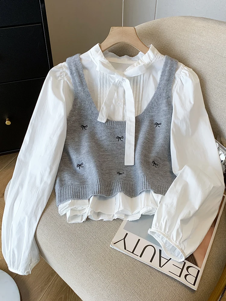 Women's Pleated irt Knot Sweater Vest Two-Piece Set Korean Sle Long Sve Stand Collar Embroidered Splicing
Women's Pleated irt Knot Sweater Vest Two-Piece Set Korean Sle Long Sve Stand Collar Embroidered Splicing