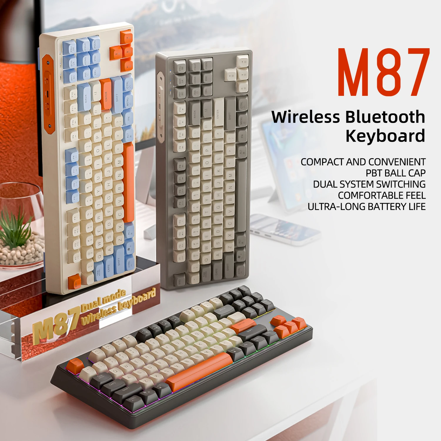 Беспроводная клавиатура M87, двухрежимная Bluetooth-клавиатура с 87 клавишами и радужной подсветкой RGB, шариковые колпачки из ПБТ, дизайнерская игровая клавиатура
Беспроводная клавиатура M87, двухрежимная Bluetooth-клавиатура с 87 клавишами и радужной подсветкой RGB, шариковые колпачки из ПБТ, дизайнерская игровая клавиатура