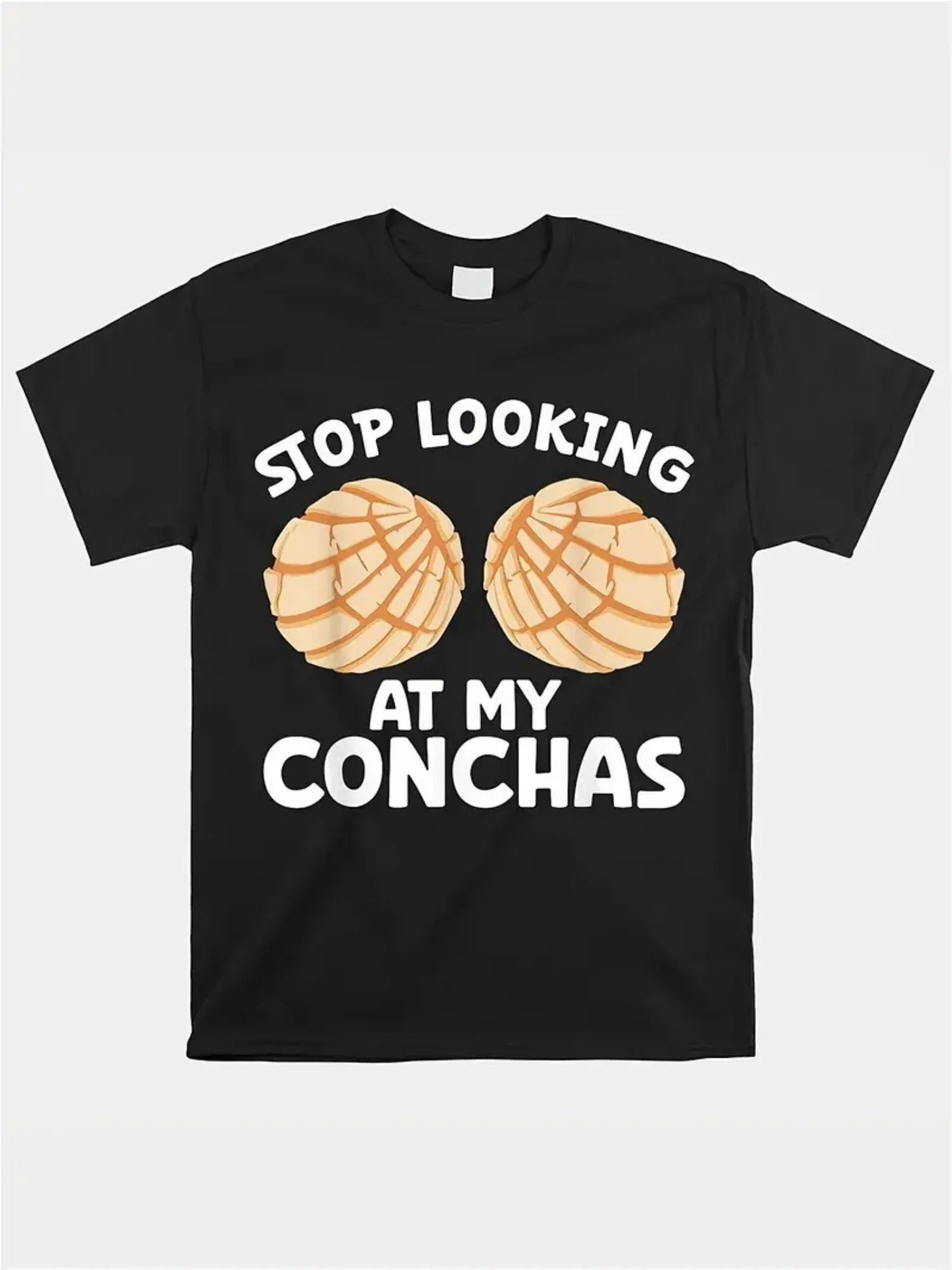 'Stop Looking at My Conchas' Humorous Cotton Tee - Black with Bold Typography & Tennis Ball Design, Breathable Round Neck Casual
'Stop Looking at My Conchas' Humorous Cotton Tee - Black with Bold Typography & Tennis Ball Design, Breathable Round Neck Casual