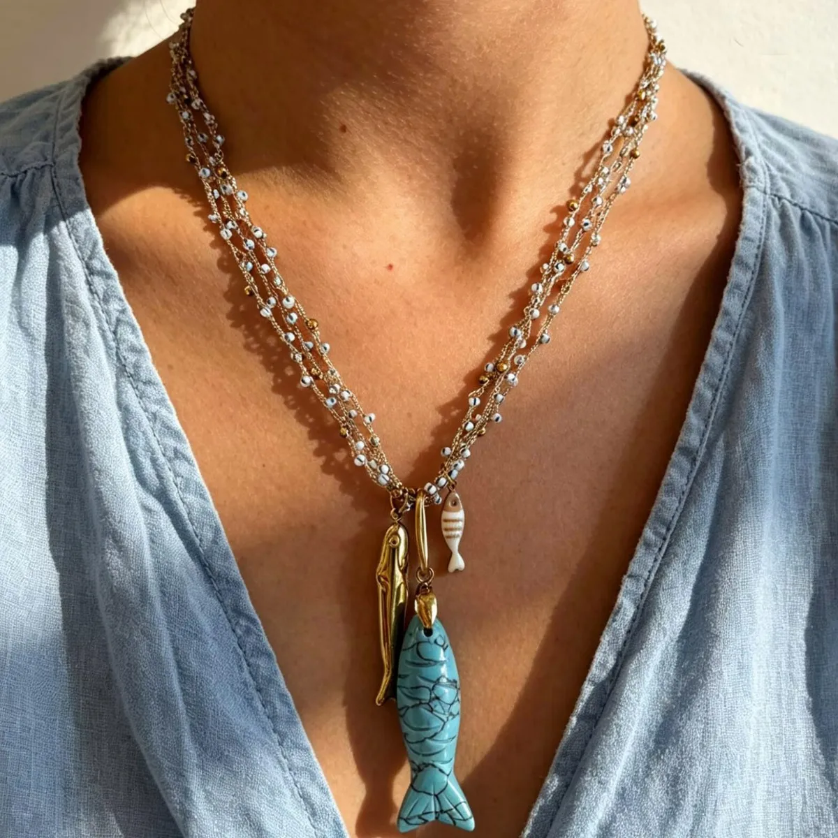 Stainless Steel Enamel Acrylic Turquoise Big Fish Pendant Multi-Layer Bead Chain Women 18K Gold Plated Jewelry Hot Selling
Stainless Steel Enamel Acrylic Turquoise Big Fish Pendant Multi-Layer Bead Chain Women 18K Gold Plated Jewelry Hot Selling