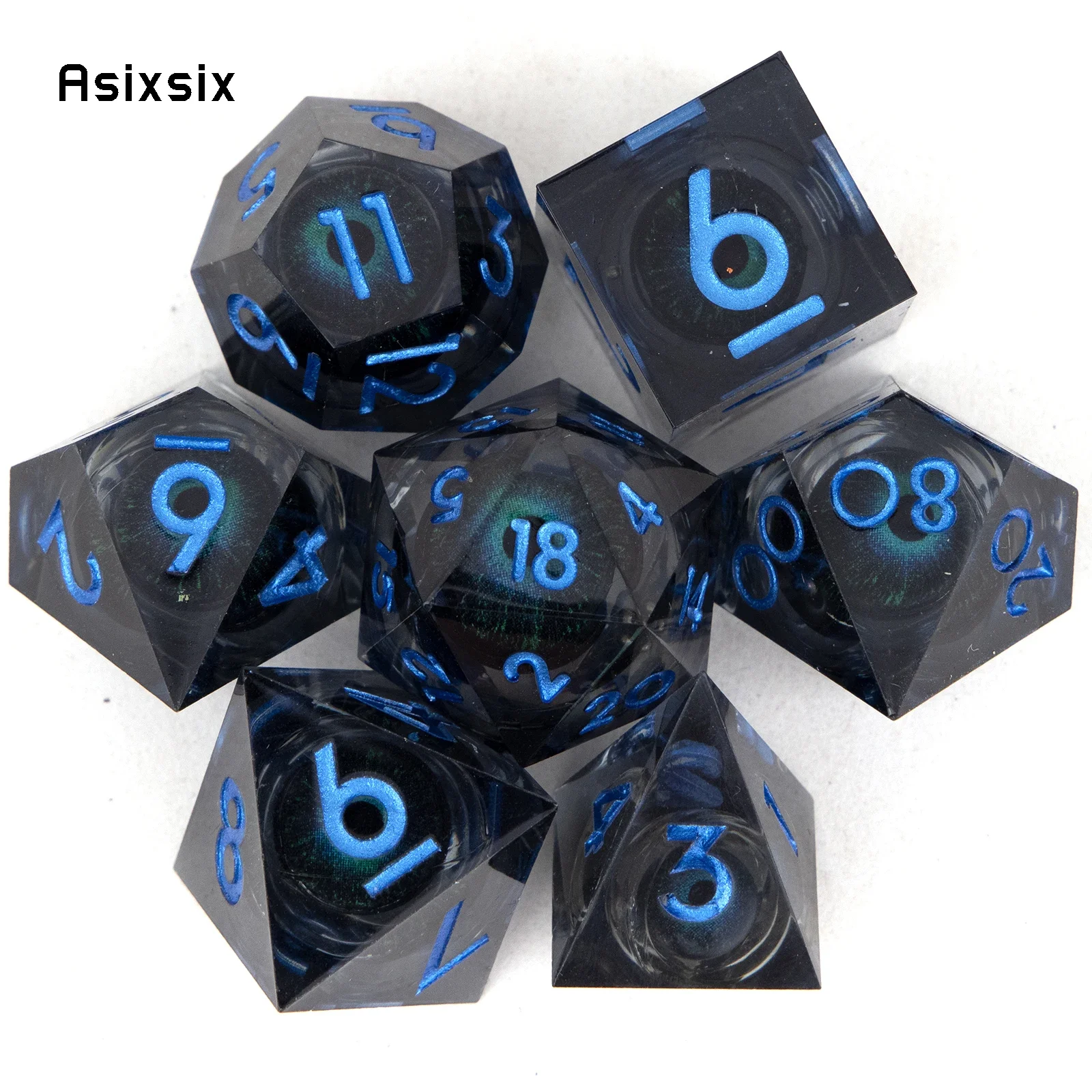 7 Pcs Black Resin Flowing Eyes Blue Number Sharp Edge Dice Polyhedral Dice Suitable for RPG Board Game
7 Pcs Black Resin Flowing Eyes Blue Number Sharp Edge Dice Polyhedral Dice Suitable for RPG Board Game