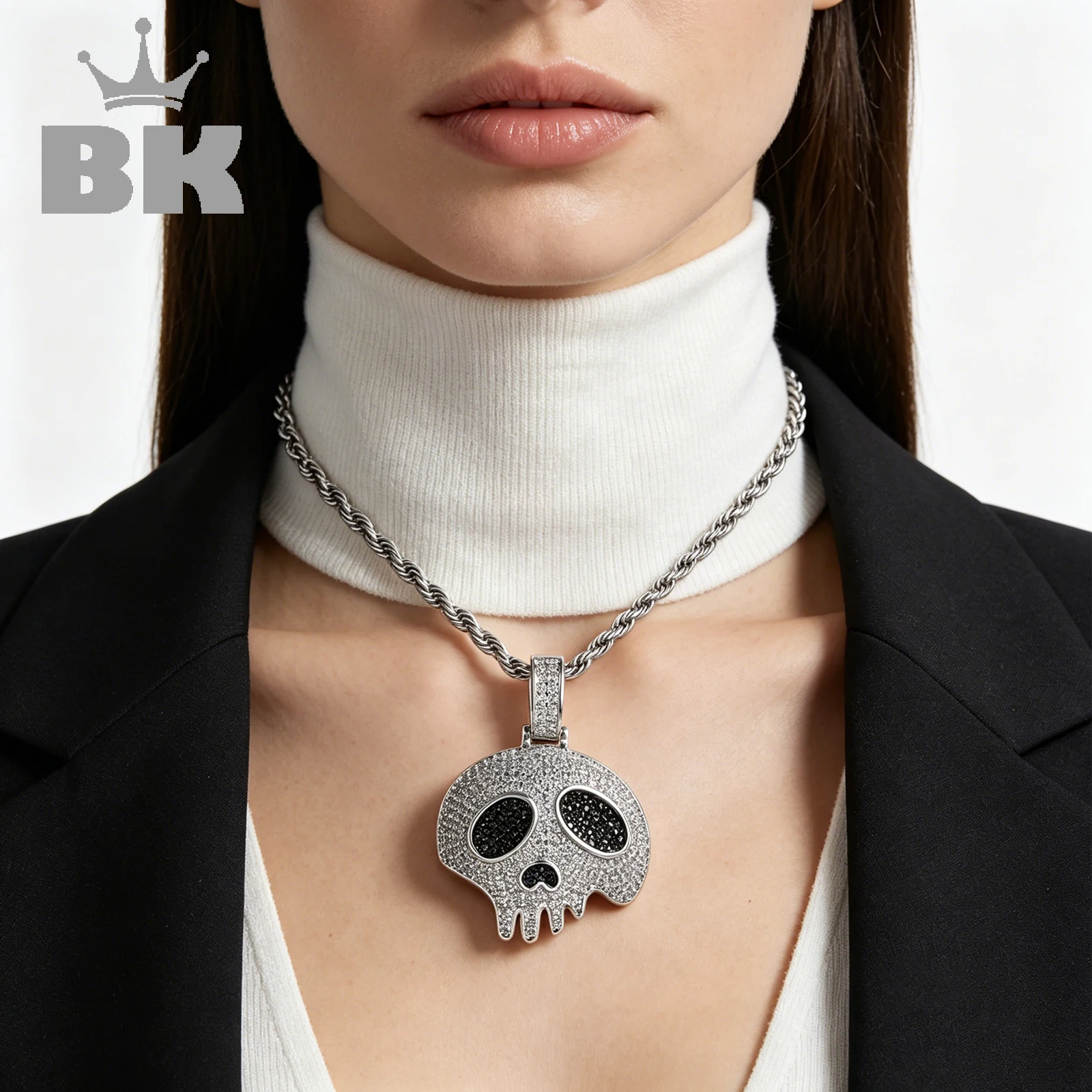 THE BLING KING 4.8cm Melting Skull Pendant Necklace Two-Tone Micro Pave Zircon Stainless Steel Twist Chain Gothic Jewelry
THE BLING KING 4.8cm Melting Skull Pendant Necklace Two-Tone Micro Pave Zircon Stainless Steel Twist Chain Gothic Jewelry