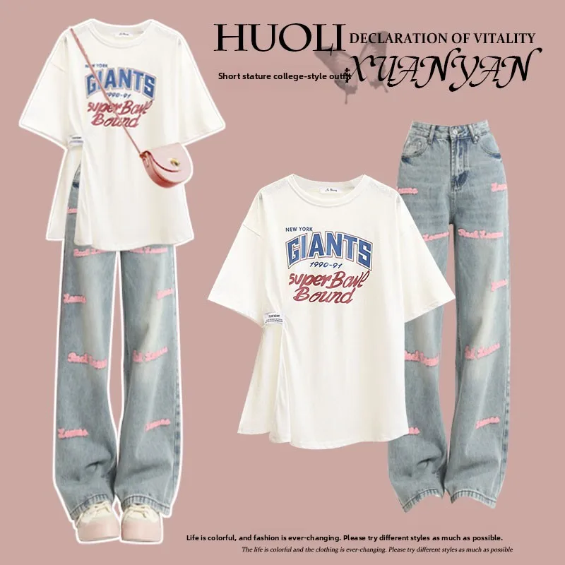 Летний наряд для похудения, футболка и джинсовый комплект, активный молодежный женский ансамбль с мясом, скрывающий, моющийся
Летний наряд для похудения, футболка и джинсовый комплект, активный молодежный женский ансамбль с мясом, скрывающий, моющийся