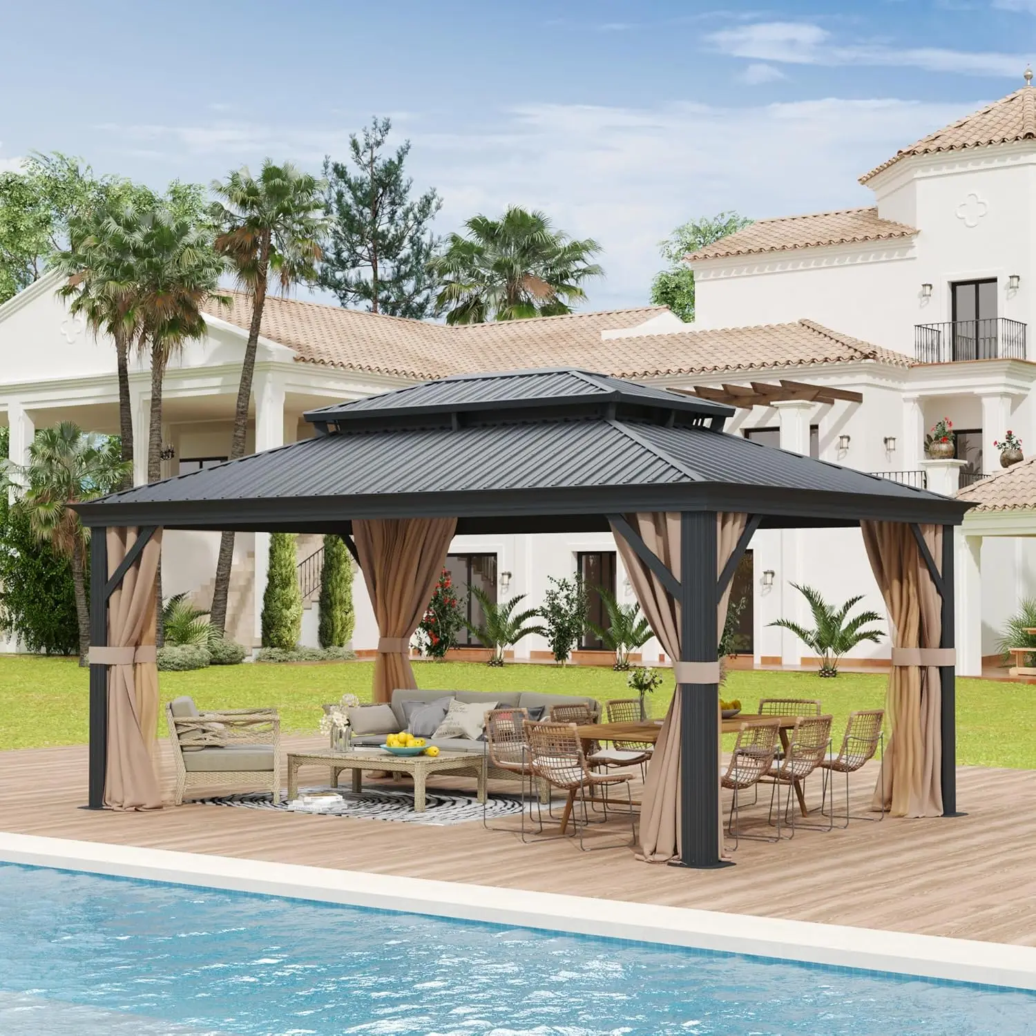 12'x18'Patios Double Roof Canopy Aluminum Frame Outdoor Gazebo Tent Curtains Netting for Patio Backyard Deck and Lawns
12'x18'Patios Double Roof Canopy Aluminum Frame Outdoor Gazebo Tent Curtains Netting for Patio Backyard Deck and Lawns