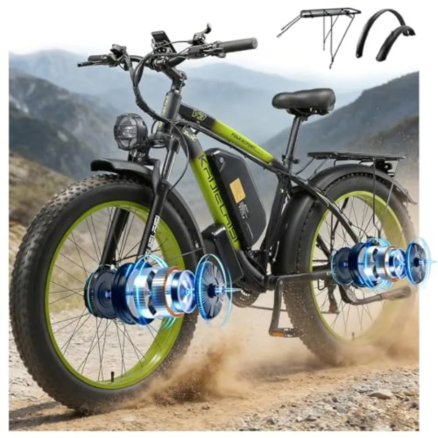 AWD electric bike for mountain trails, aluminum alloy frame, black, 4000W dual motor with 26'' fat tires and 48V 22.4Ah battery
AWD electric bike for mountain trails, aluminum alloy frame, black, 4000W dual motor with 26'' fat tires and 48V 22.4Ah battery