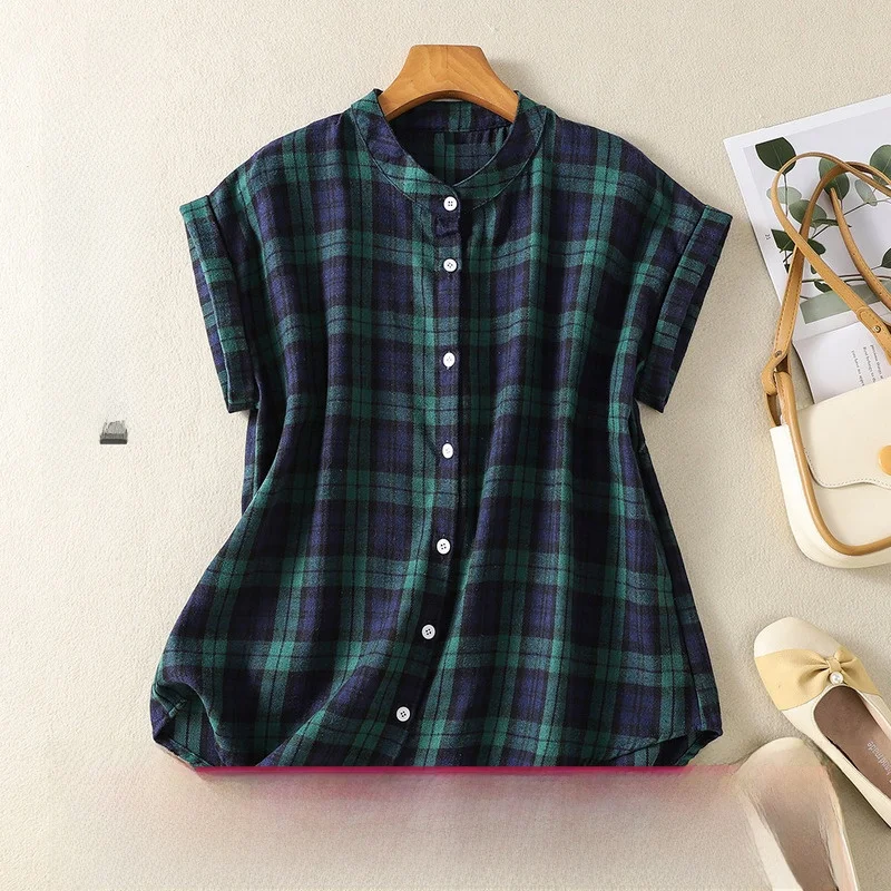 Loose Casual Plaid T-Shirt Women's Sleeveless Summer Small Size Button Thin Fly Sleeve Shirt Small Top Cotton Blend Material
Loose Casual Plaid T-Shirt Women's Sleeveless Summer Small Size Button Thin Fly Sleeve Shirt Small Top Cotton Blend Material