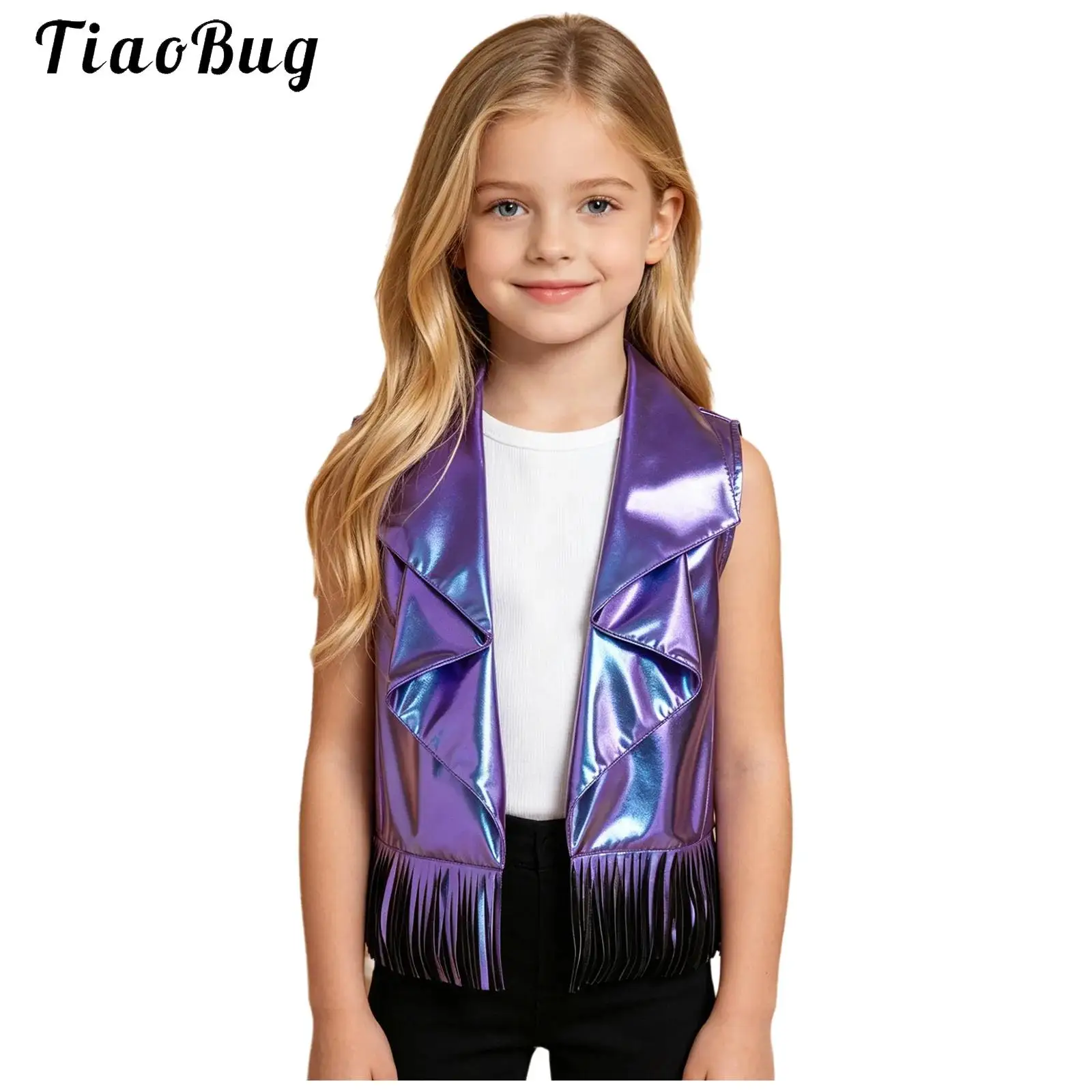 Kids Girls Shiny Metallic Vest Lapel Waterfall Collar Open Front Tank Top with Tassel Trim Jazz Dance Waistcoat
Kids Girls Shiny Metallic Vest Lapel Waterfall Collar Open Front Tank Top with Tassel Trim Jazz Dance Waistcoat