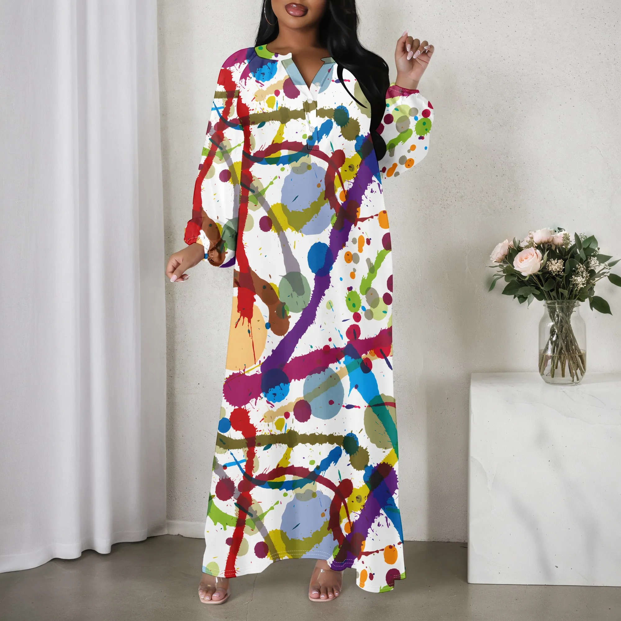 Women's Long Sleeved Loose V-neck Dress, Fashionable Striped Printed Dress
Women's Long Sleeved Loose V-neck Dress, Fashionable Striped Printed Dress