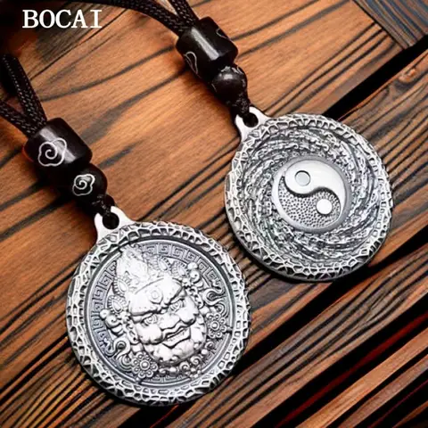BOCAI New S999 Pure Silver Retro Yellow God Of Wealth Taiji Bagua Card Pendant Men's and Women's Styles