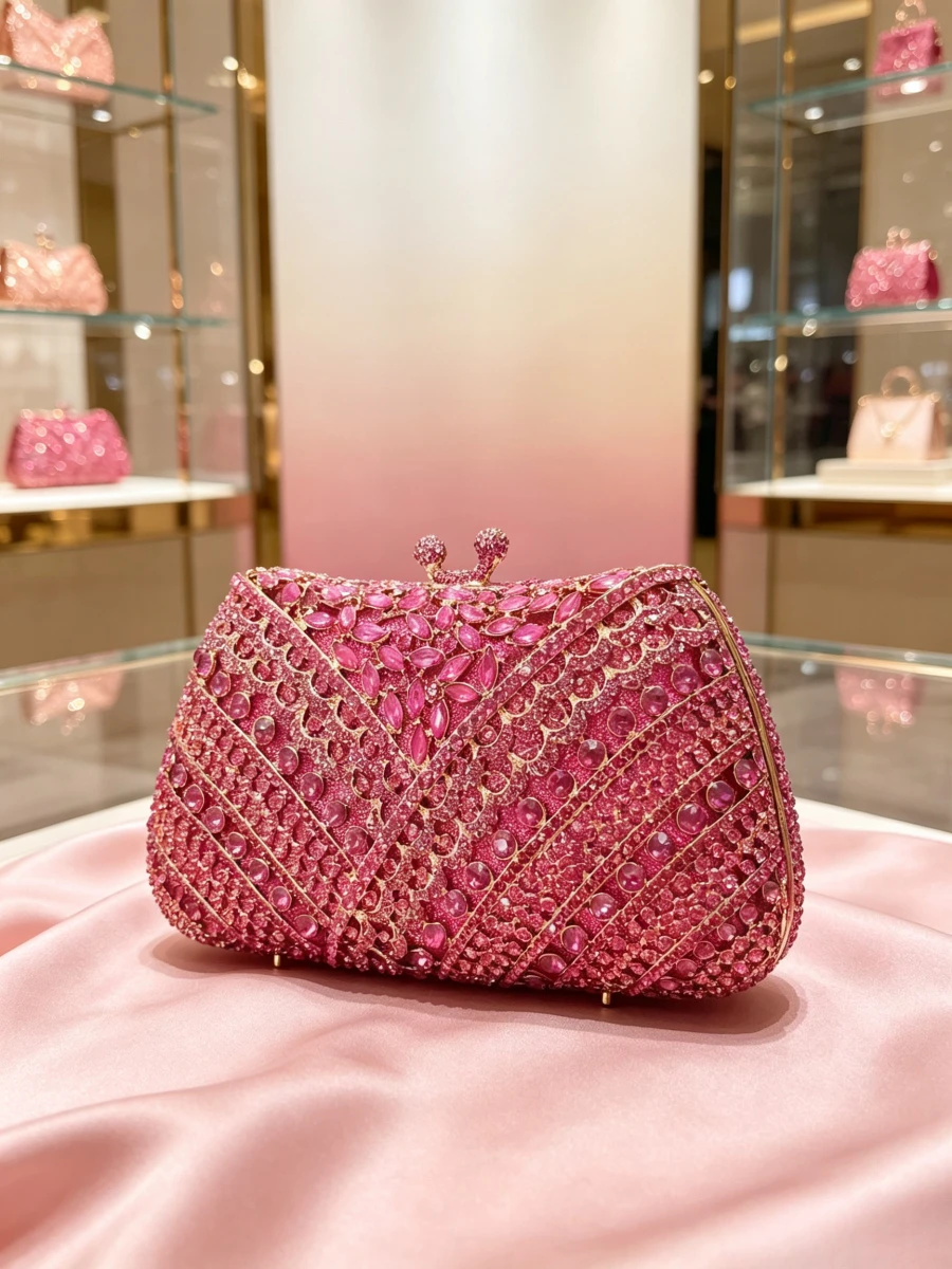 Rose Pink Gradient Marquise Full Rhinestone Hollow Gold Frame Trapezoid Lock Clutch Luxury Gentle Festive Evening Bag For Middle
Rose Pink Gradient Marquise Full Rhinestone Hollow Gold Frame Trapezoid Lock Clutch Luxury Gentle Festive Evening Bag For Middle