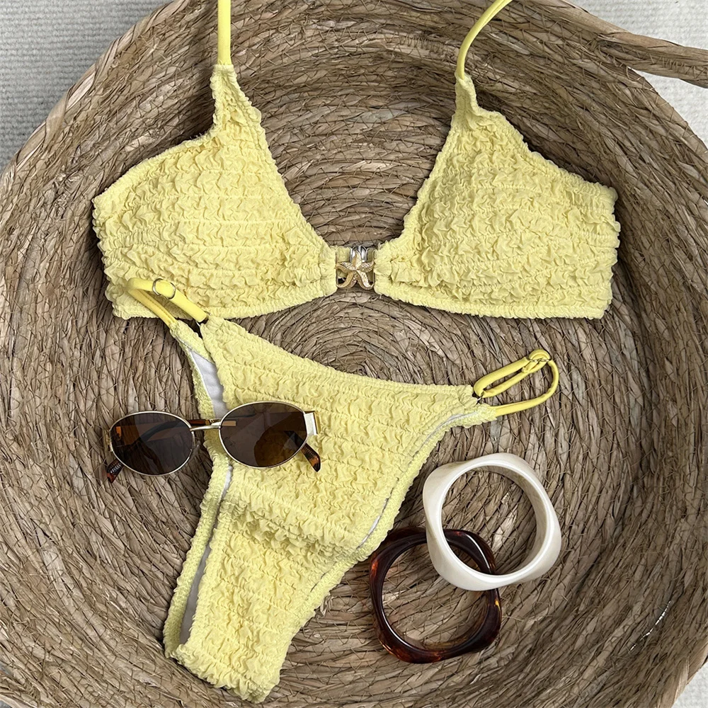 Sexy Halter String Bikini Backless Hook Swimsuit Metal Star Yellow Swimwear Pleated Bathing Suit Women Beachwear Vacation Outfit
Sexy Halter String Bikini Backless Hook Swimsuit Metal Star Yellow Swimwear Pleated Bathing Suit Women Beachwear Vacation Outfit