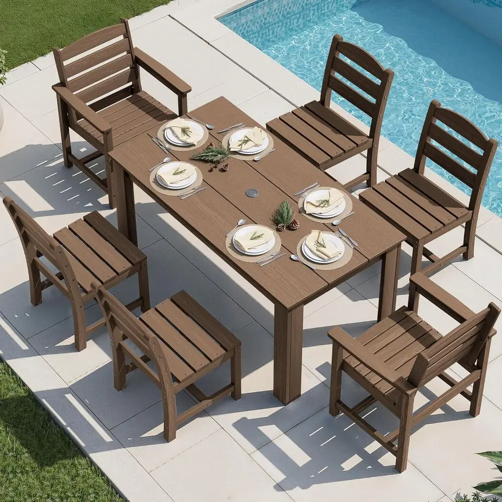 6-Piece HDPE Outdoor Dining Set with Umbrella Hole, 4 Armchairs & 2 Armchairs, Brown Patio Furniture
6-Piece HDPE Outdoor Dining Set with Umbrella Hole, 4 Armchairs & 2 Armchairs, Brown Patio Furniture