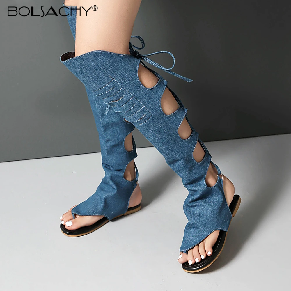 Rome Denim Thigh Boots Women Summer Over the knee Shoes Black Jean Open Toe Lace up Flats Cool Boots Fashion Flip-flops sandals
Rome Denim Thigh Boots Women Summer Over the knee Shoes Black Jean Open Toe Lace up Flats Cool Boots Fashion Flip-flops sandals