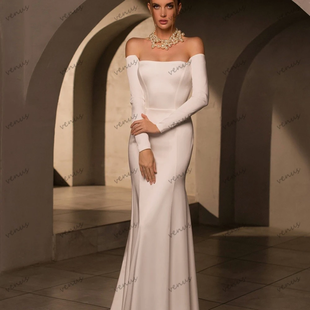 Simple Wedding Dresses Satin Bridal Gowns Off The Shoulder Full Sleeves Sheath Mermaid Backless Robes Elegant Vestidos De Novia
Simple Wedding Dresses Satin Bridal Gowns Off The Shoulder Full Sleeves Sheath Mermaid Backless Robes Elegant Vestidos De Novia