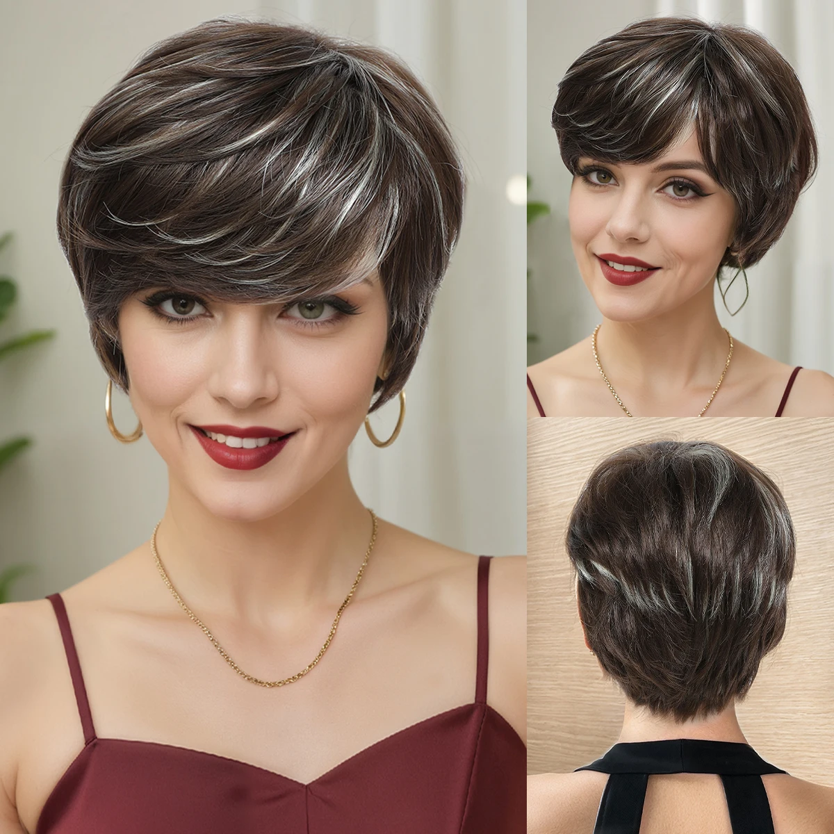 Short Hair Oblique Bangs Short Tail Brown with Silver Women's Dress up Wig Fashion Dress Soft Synthetic Heat-Resistant Durable Suitable for Daily Dress up Wear and Party Cosplay Wig Party Supplies Hair Style Dress up Role-Playing Wig
Short Hair Oblique Bangs Short Tail Brown with Silver Women's Dress up Wig Fashion Dress Soft Synthetic Heat-Resistant Durable Suitable for Daily Dress up Wear and Party Cosplay Wig Party Supplies Hair Style Dress up Role-Playing Wig
