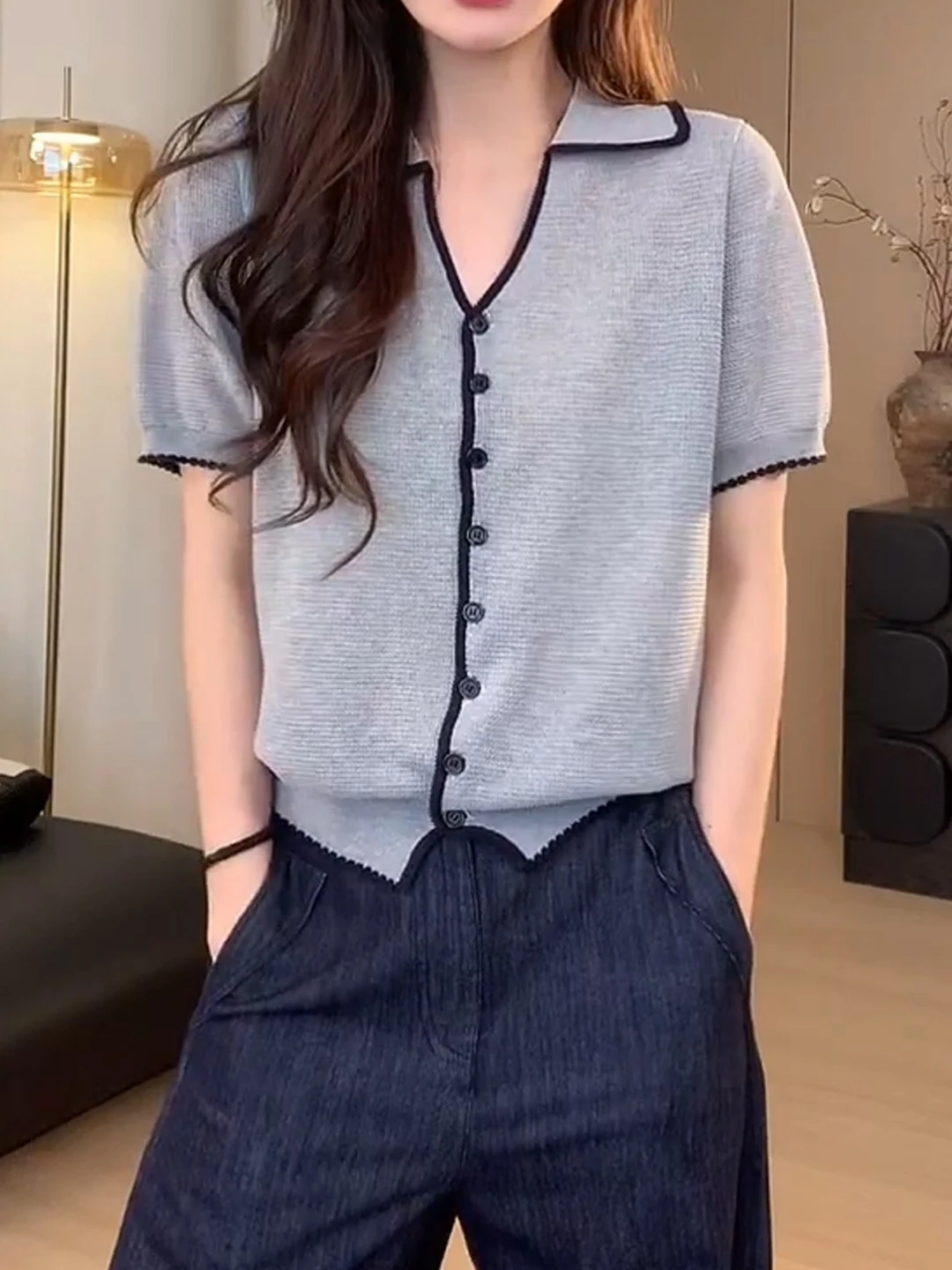 Korean Style Vintage Turn-down Collar Short Sleeve Knitted Sweater Women Summer plus Size Loose Slimming Versatile Casual Top
Korean Style Vintage Turn-down Collar Short Sleeve Knitted Sweater Women Summer plus Size Loose Slimming Versatile Casual Top
