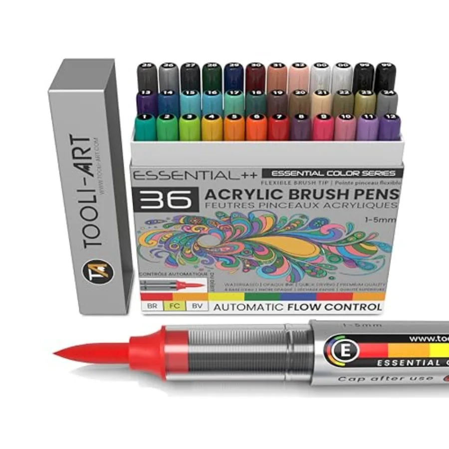 36 Essential Colors Flexible Brush Tip Acrylic Paint Pens Automatic Flow Control 1-5mm Line for Rock Painting, Coloring, Brush
36 Essential Colors Flexible Brush Tip Acrylic Paint Pens Automatic Flow Control 1-5mm Line for Rock Painting, Coloring, Brush