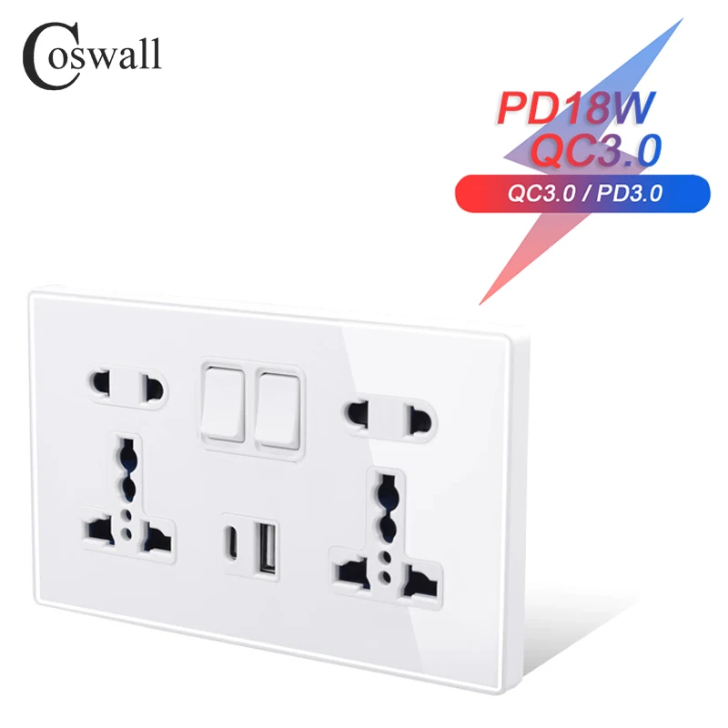 COSWALL 18W Type-C Wall Outlet, 4A Smart Quick Charge Interface,Glass Panel Universal Dual Socket,Switch Control, 1A1C USB Port
COSWALL 18W Type-C Wall Outlet, 4A Smart Quick Charge Interface,Glass Panel Universal Dual Socket,Switch Control, 1A1C USB Port