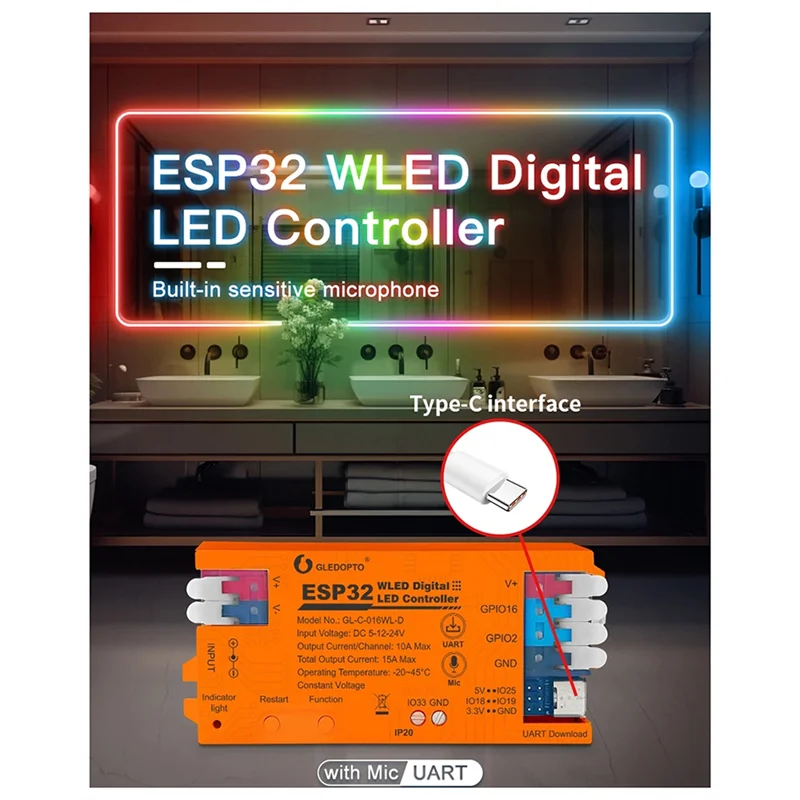 GLEDOPTO ESP32 WLED LED Controller Dynamic Works Addressable Digital WS2811 WS2812 SK6812 TM1814 WS2813/15 Strip Light-X59A
GLEDOPTO ESP32 WLED LED Controller Dynamic Works Addressable Digital WS2811 WS2812 SK6812 TM1814 WS2813/15 Strip Light-X59A