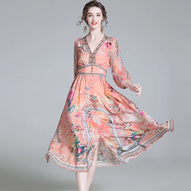 Woman V-neck Single Row Multi Button Printed Elastic Waistband Bubble Sleeve Pocket Retro Floral Dress Fashionable Commuting New
Woman V-neck Single Row Multi Button Printed Elastic Waistband Bubble Sleeve Pocket Retro Floral Dress Fashionable Commuting New