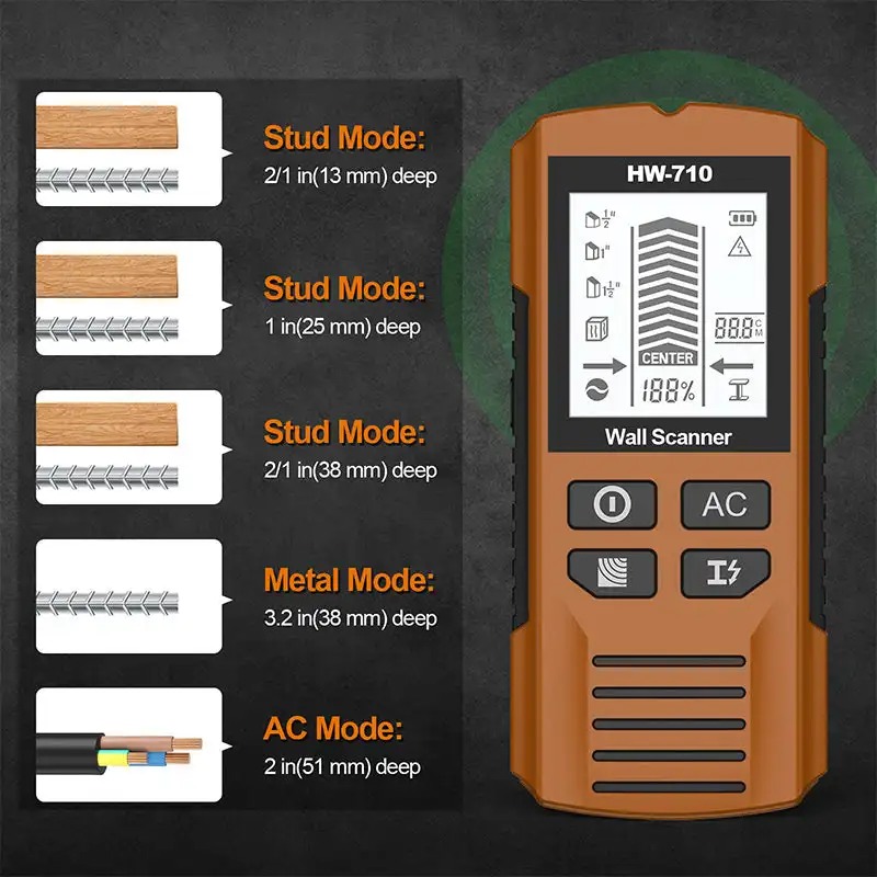 HW-710 Multi-functional Metal Wood Detection Function Wall Detector for AC Metal Wood Detect Ceilings Floors Find
HW-710 Multi-functional Metal Wood Detection Function Wall Detector for AC Metal Wood Detect Ceilings Floors Find