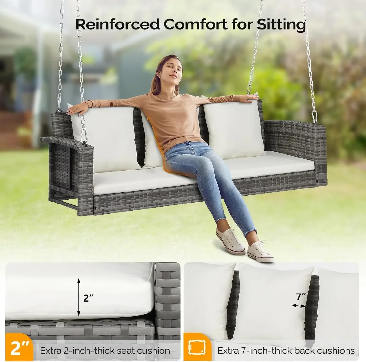 XMSJ.Heavy Duty 800 LBS Wicker Hanging Porch Swing with Cushions & Chains, 5FT Outdoor Rattan Swing Bench for Garden, Yard, Lawn
XMSJ.Heavy Duty 800 LBS Wicker Hanging Porch Swing with Cushions & Chains, 5FT Outdoor Rattan Swing Bench for Garden, Yard, Lawn