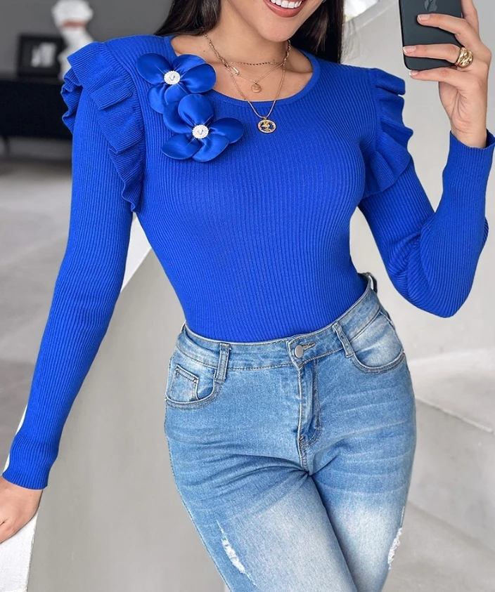 Women's Sweater Floral Pattern Ruffle Hem Knit Sweater Sexy Tight and Elegant Sweater Simple Commuting Vintage Sweater
Women's Sweater Floral Pattern Ruffle Hem Knit Sweater Sexy Tight and Elegant Sweater Simple Commuting Vintage Sweater