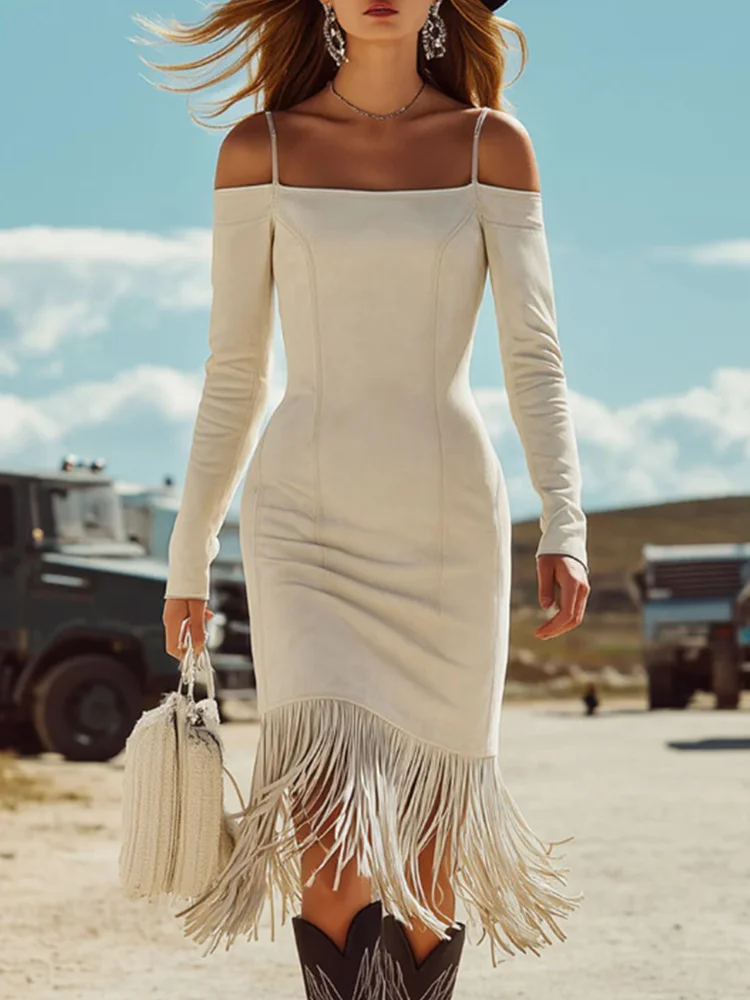 Elegant White Off Shoulder Bodycon Midi Dress for Women Chic Long Sleeve with Fringe Hem Suede Dress
Elegant White Off Shoulder Bodycon Midi Dress for Women Chic Long Sleeve with Fringe Hem Suede Dress