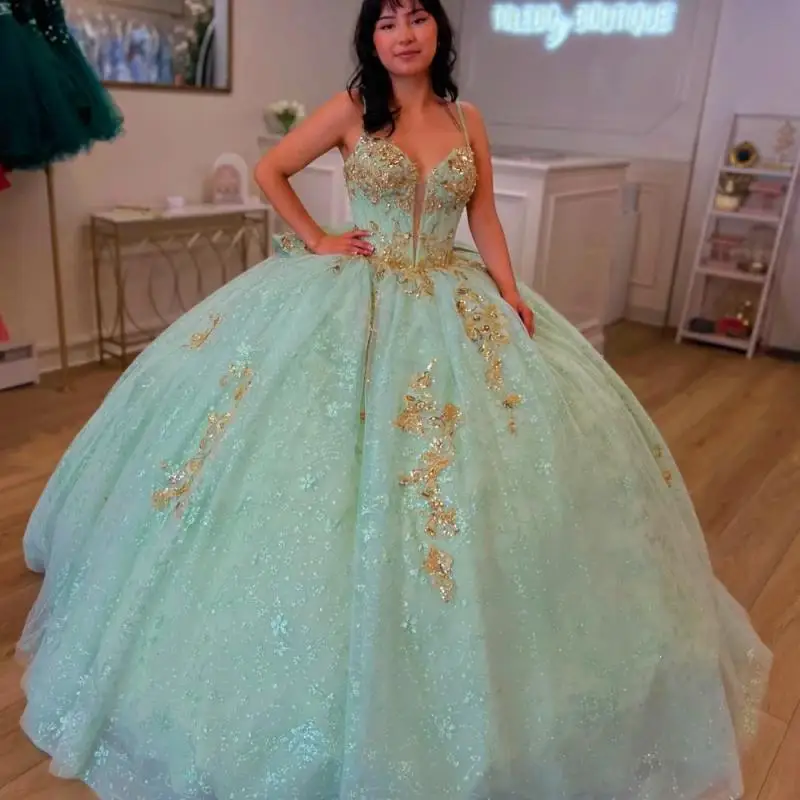 Customized Mint Green Ball Gown Quinceanera Dress Gold Lace Applique Beading Bow Sweet 16 Vestidos De 15 Anos
Customized Mint Green Ball Gown Quinceanera Dress Gold Lace Applique Beading Bow Sweet 16 Vestidos De 15 Anos