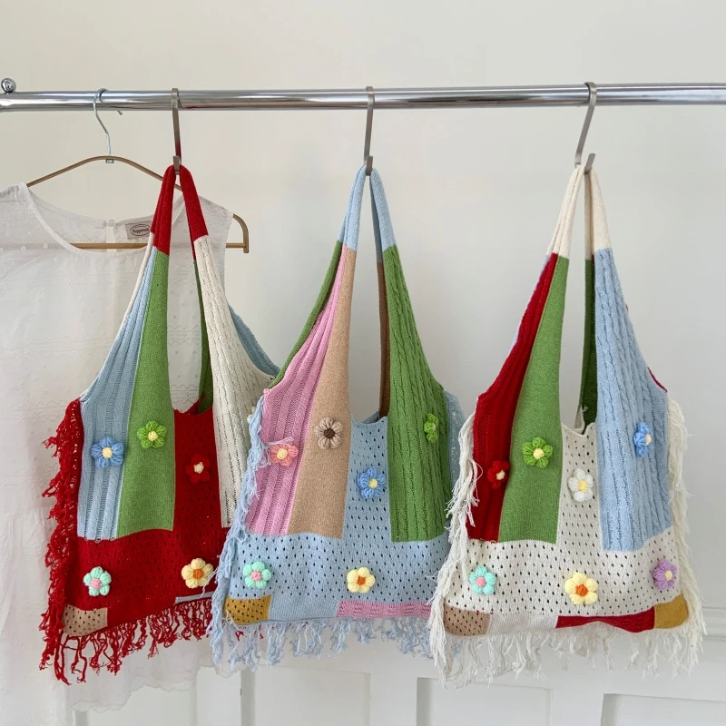 Summer 3D Flower Decor Crochet Women's Tote Bag Color Block Knitted Youth Shoulder Bags Hot Sale Fringe Casual Aesthetic Handbag
Summer 3D Flower Decor Crochet Women's Tote Bag Color Block Knitted Youth Shoulder Bags Hot Sale Fringe Casual Aesthetic Handbag