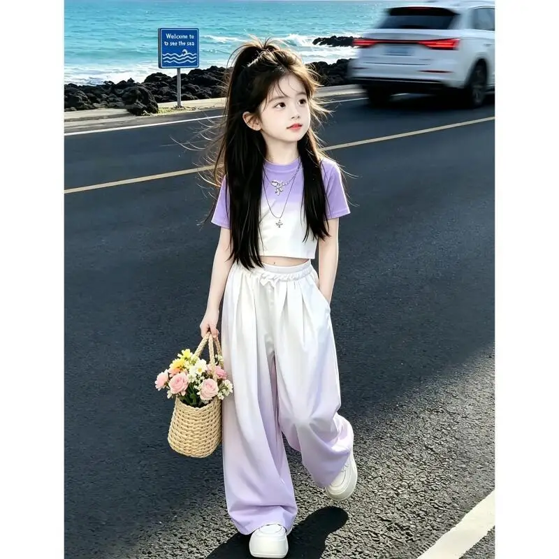 Girls T-Shirt Trouser Suit Summer New Girl Short-Sleeved Wide-Leg Pant Children's Fashionable Casual Straight Pant Two-Piece Set
Girls T-Shirt Trouser Suit Summer New Girl Short-Sleeved Wide-Leg Pant Children's Fashionable Casual Straight Pant Two-Piece Set