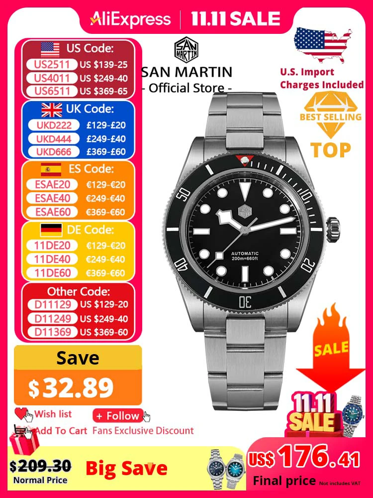 San Martin Upgraded BB58 40mm Retro Luxury Men Diver Watch NH35 Automatic Mechanical Sapphire 200m Waterproof Reloj SN0008D
San Martin Upgraded BB58 40mm Retro Luxury Men Diver Watch NH35 Automatic Mechanical Sapphire 200m Waterproof Reloj SN0008D