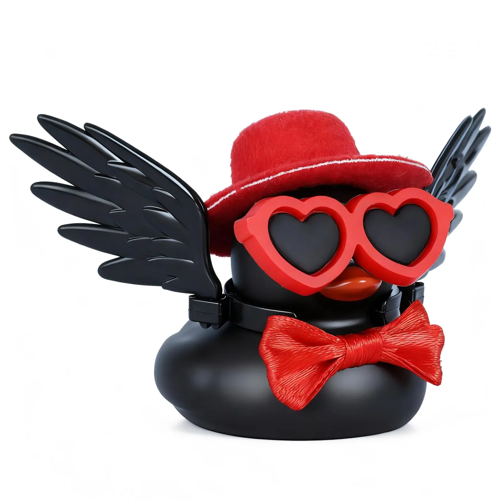 Black Rubber Duck Car Dashboard Decor with Red Hat, Heart Sunglasses, Bow Tie & Wings
Black Rubber Duck Car Dashboard Decor with Red Hat, Heart Sunglasses, Bow Tie & Wings
