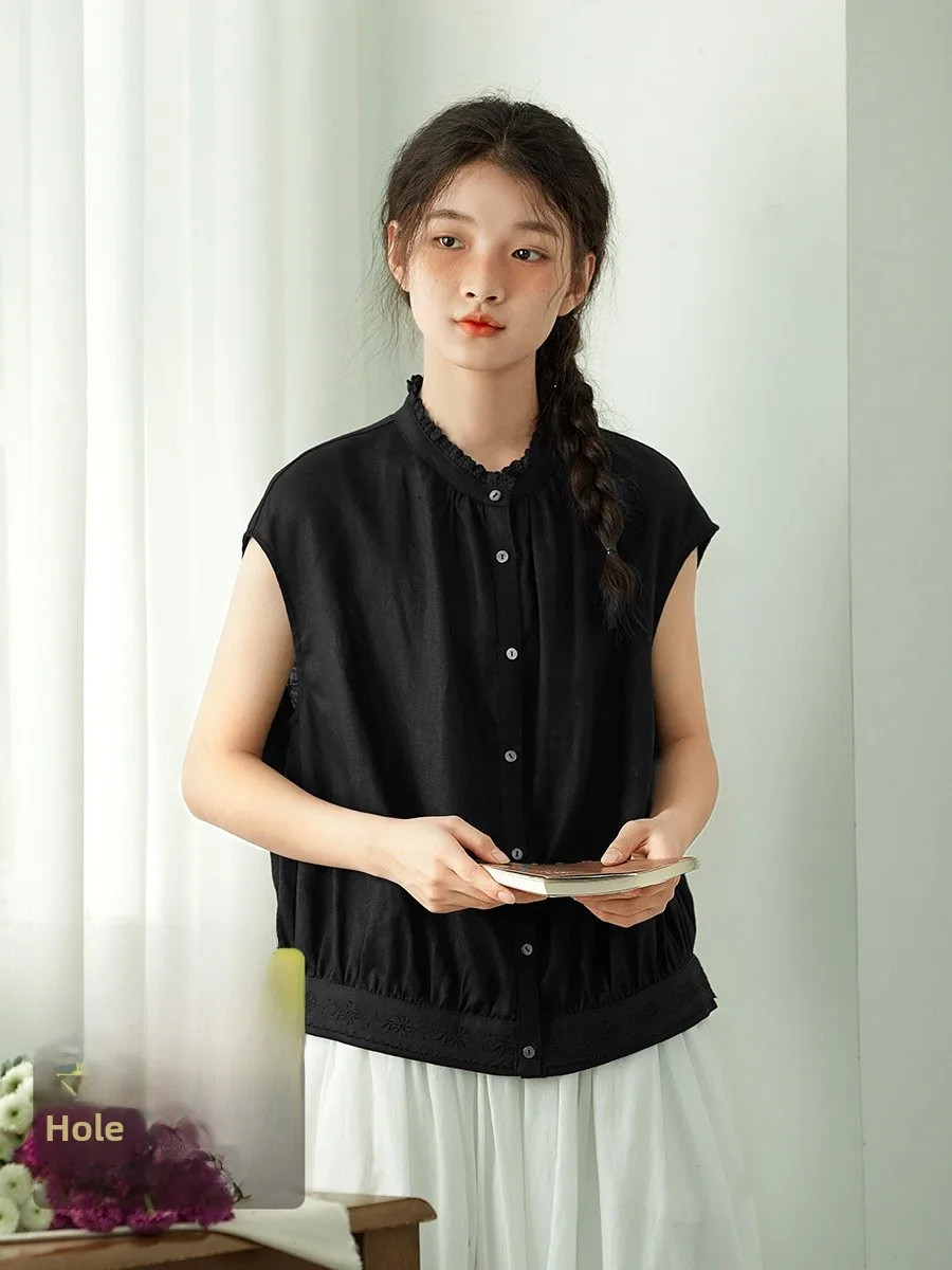 Black Linen Shirt Women's Summer Thin Casual Loose Top Lace Collar Shoulder Bared Blouse Original Design by Stitching
Black Linen Shirt Women's Summer Thin Casual Loose Top Lace Collar Shoulder Bared Blouse Original Design by Stitching