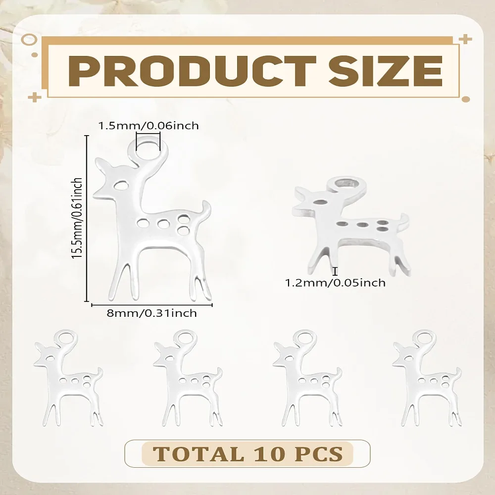 1set 10pcs 201 Stainless Steel Pendants Laser Cut Deer Stainless Steel color 15.5x8x1.2mm Hole: 1.5mm
1set 10pcs 201 Stainless Steel Pendants Laser Cut Deer Stainless Steel color 15.5x8x1.2mm Hole: 1.5mm