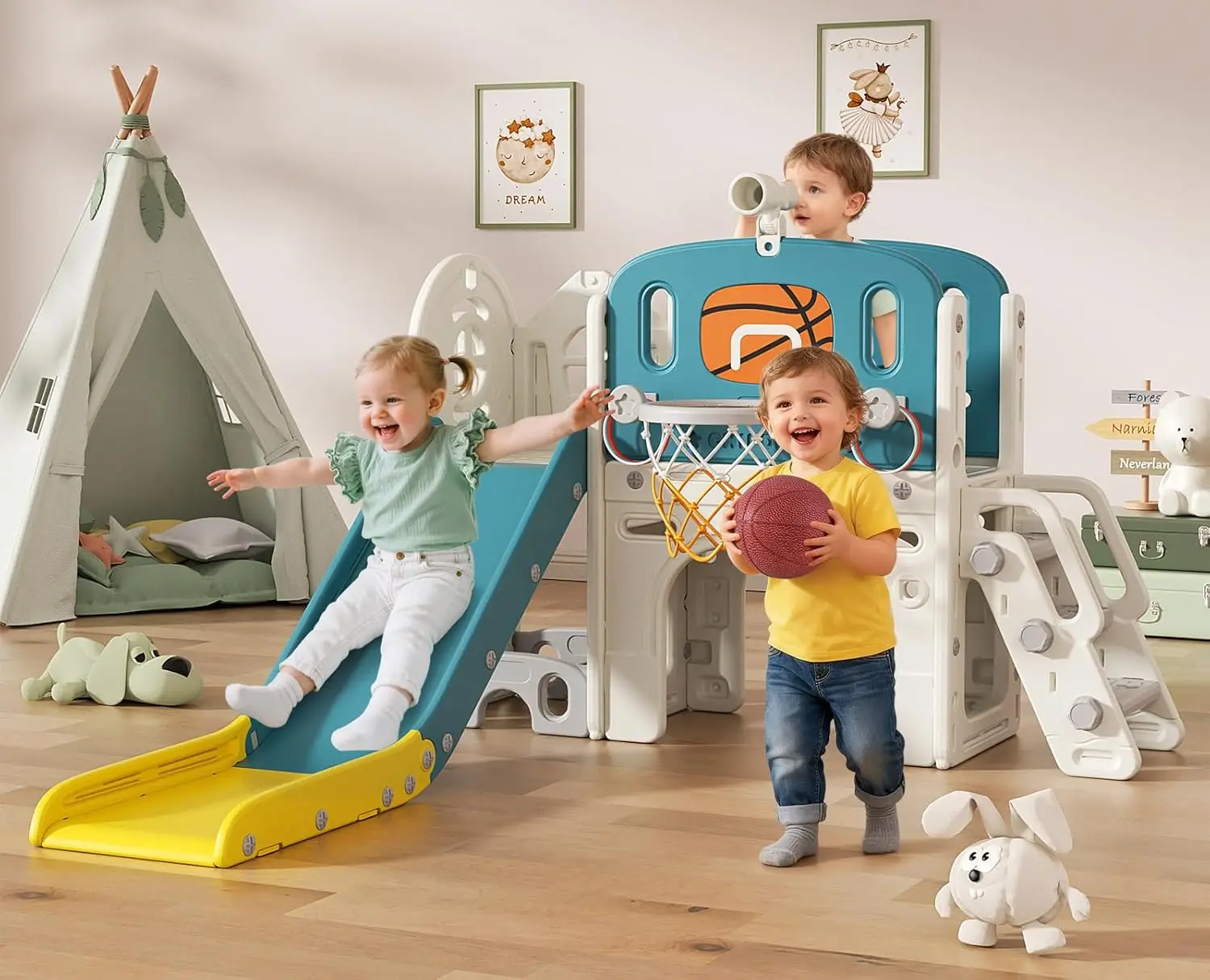 9-in-1 Toddler Slide Set with Basketball Hoop & Ring Toss, Indoor Outdoor Playground for Kids 1-3 Years Blue Yellow
9-in-1 Toddler Slide Set with Basketball Hoop & Ring Toss, Indoor Outdoor Playground for Kids 1-3 Years Blue Yellow