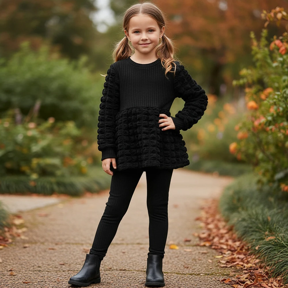 2Pcs Kids Girls Clothes Set Bubble-Yarn Hoodie & Leggings Set – Fall Spring Long-Sleeve Pullover + Stretch Pants, Black Outfits
2Pcs Kids Girls Clothes Set Bubble-Yarn Hoodie & Leggings Set – Fall Spring Long-Sleeve Pullover + Stretch Pants, Black Outfits