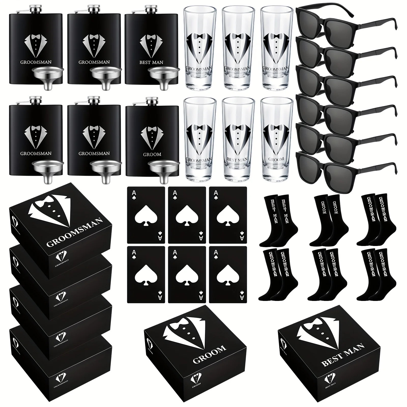 36pcs Groomsmen Gift Set for Men, Including Party Packs, Flask, Shot Glasses, Beer Bottle, Poker, Card Opener, Glasses, Socks, A
36pcs Groomsmen Gift Set for Men, Including Party Packs, Flask, Shot Glasses, Beer Bottle, Poker, Card Opener, Glasses, Socks, A