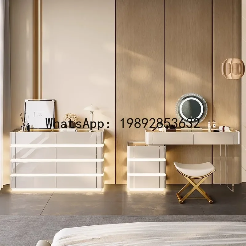 H5.18 solid wood lacquered vanity table and dresser set with tempered glass and lights for bedroom makeup
H5.18 solid wood lacquered vanity table and dresser set with tempered glass and lights for bedroom makeup