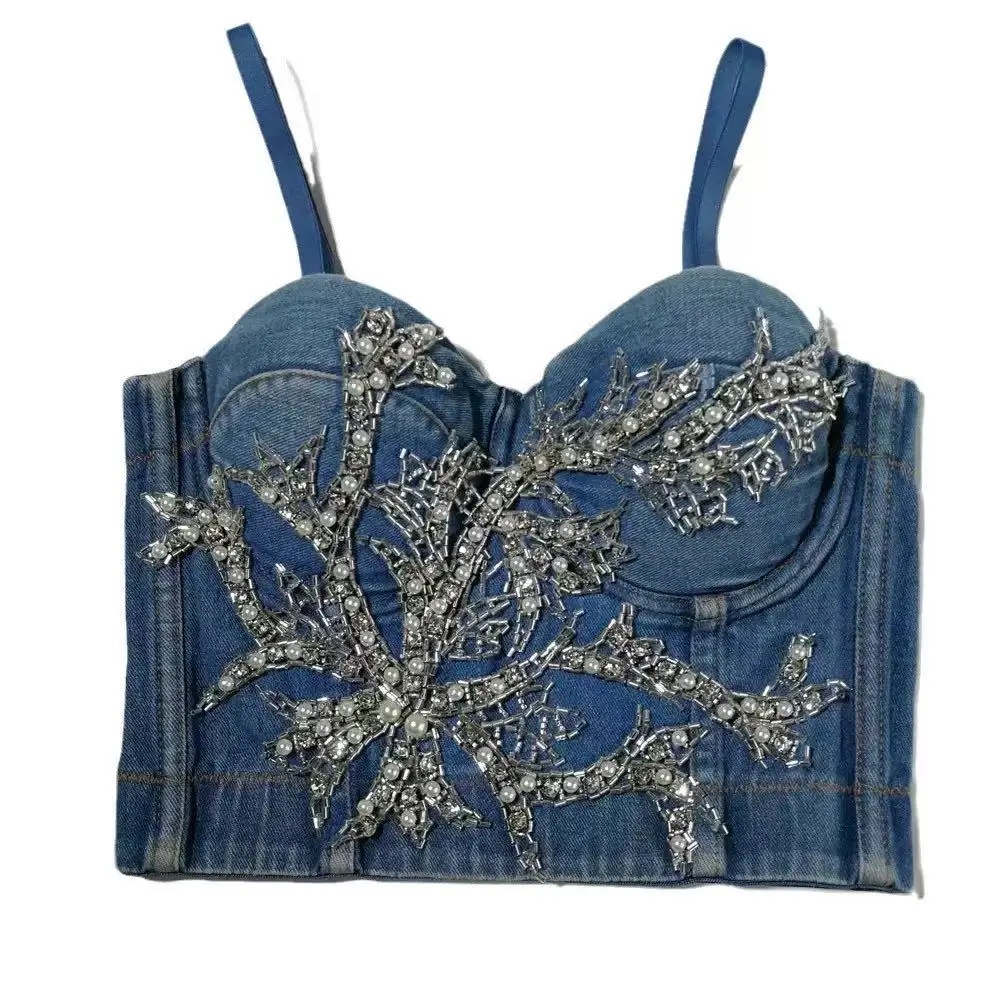 French retro denim camisole with rhinestone beads, elegant outerwear, sexy tight fishbone bra
French retro denim camisole with rhinestone beads, elegant outerwear, sexy tight fishbone bra