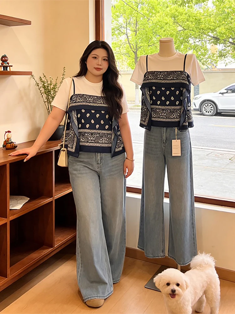 plus Size Summer Outfit Korean Style White Fake Two-Piece Shoulder High Waist Wide Leg Jeans Two-Piece Set Women's Fashion
plus Size Summer Outfit Korean Style White Fake Two-Piece Shoulder High Waist Wide Leg Jeans Two-Piece Set Women's Fashion