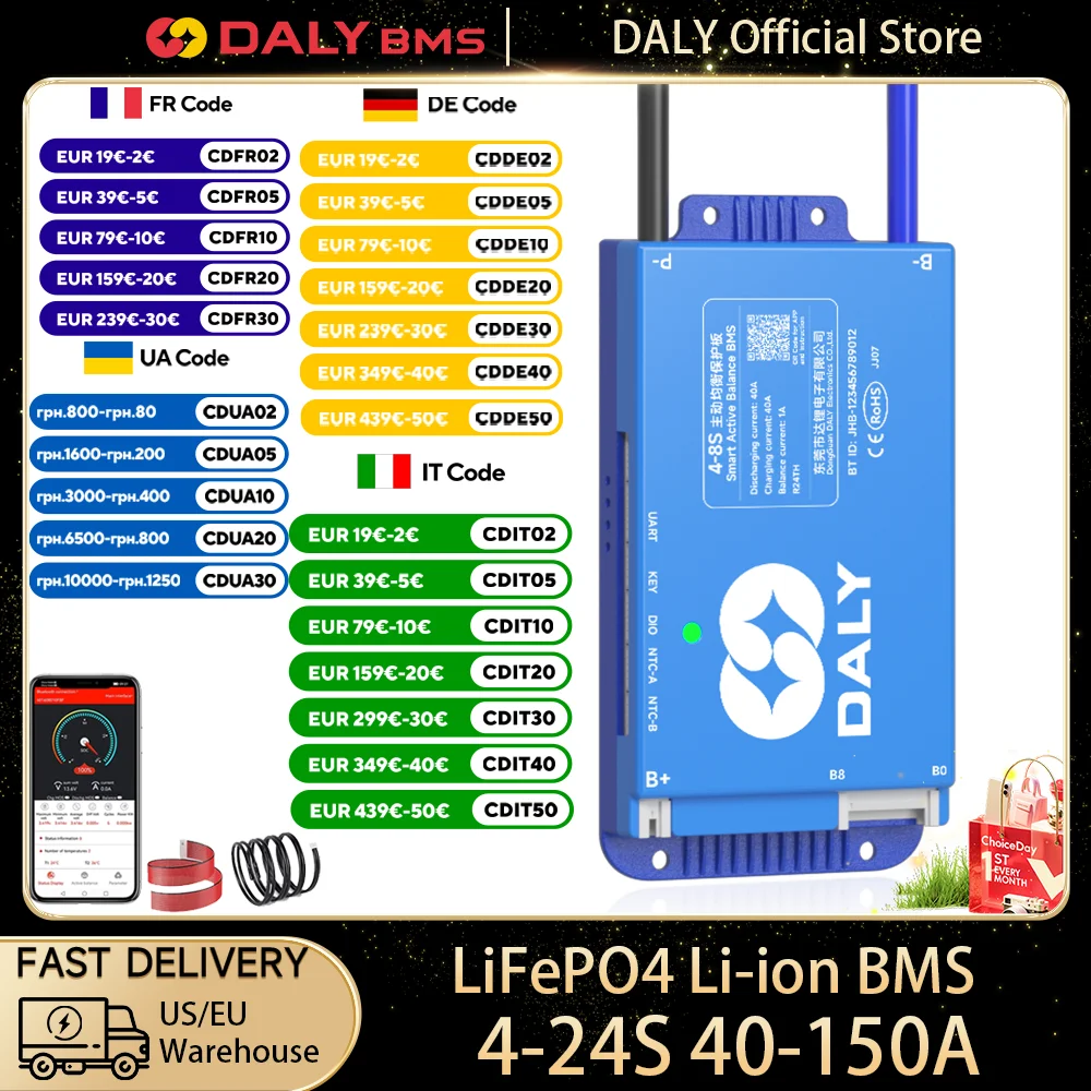 Daly Smart BMS 4S 8S 10S 13S 16S 24s 40A 60A Active Balance BT 7S 24V 48V BMS Lifepo4 Li-Ion Lto Battery
Daly Smart BMS 4S 8S 10S 13S 16S 24s 40A 60A Active Balance BT 7S 24V 48V BMS Lifepo4 Li-Ion Lto Battery