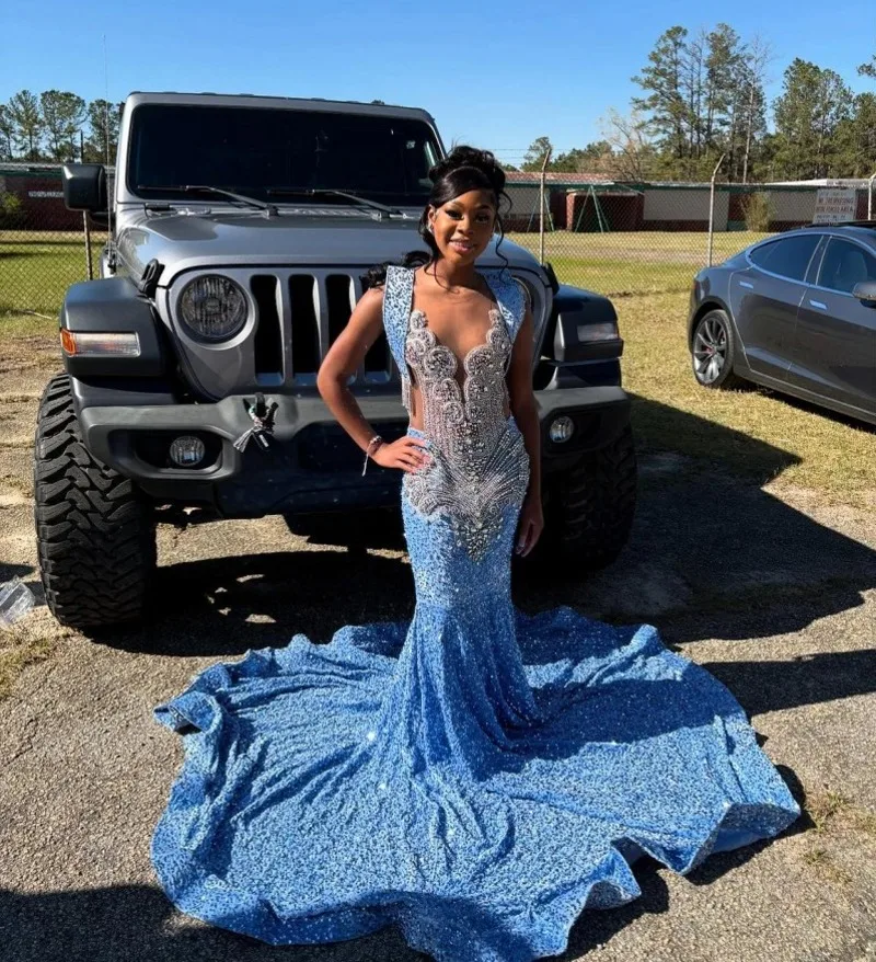 Sparkle Blue Sleeveless Prom Dresses African Girls 2025 Beaded Crystal Long Mermaid Wedding Party Dress Luxurious Customized
Sparkle Blue Sleeveless Prom Dresses African Girls 2025 Beaded Crystal Long Mermaid Wedding Party Dress Luxurious Customized
