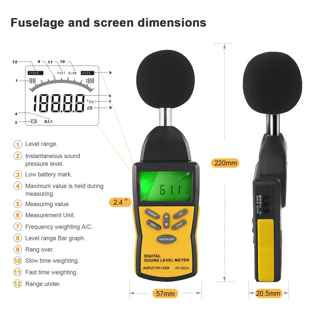 HP-882A Digital Sound Level Meter 30-130dB Noise Tester A/C Weighting Fast/Slow Backlight MAX Hold