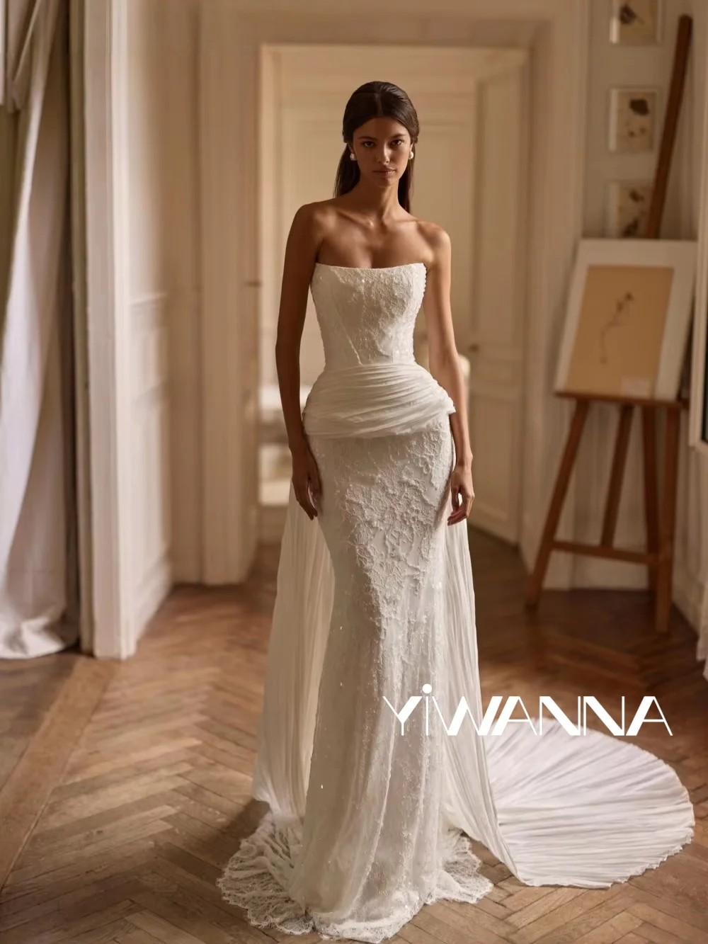 Pleated Detachable Train Beaded Wedding Dress Floor-length Lace Long Bridal Gown Customized Dreamy Mermaid Dresses For Bride
Pleated Detachable Train Beaded Wedding Dress Floor-length Lace Long Bridal Gown Customized Dreamy Mermaid Dresses For Bride