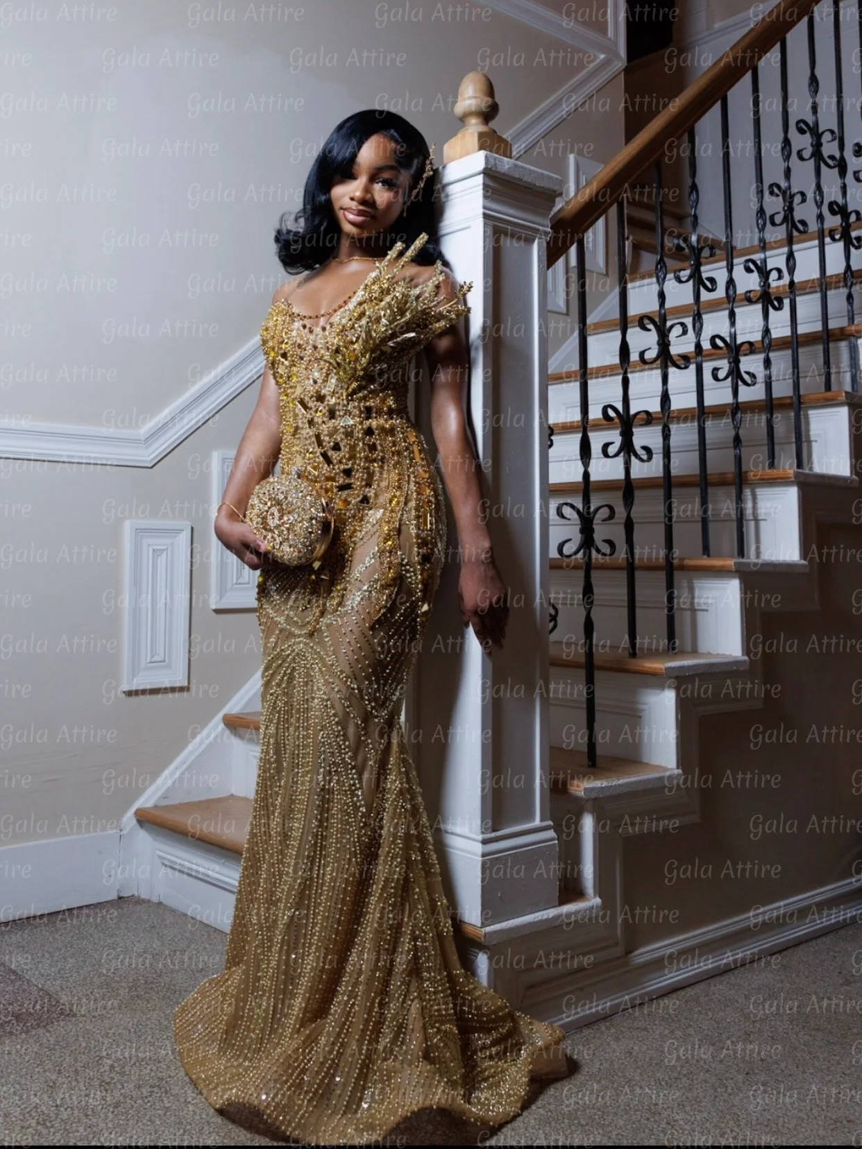 Gala Attire Gold Stones Prom Dresses With Head Cover Beaded Rhinestones Mermaid African Wedding Dress Black Girls Customized
Gala Attire Gold Stones Prom Dresses With Head Cover Beaded Rhinestones Mermaid African Wedding Dress Black Girls Customized