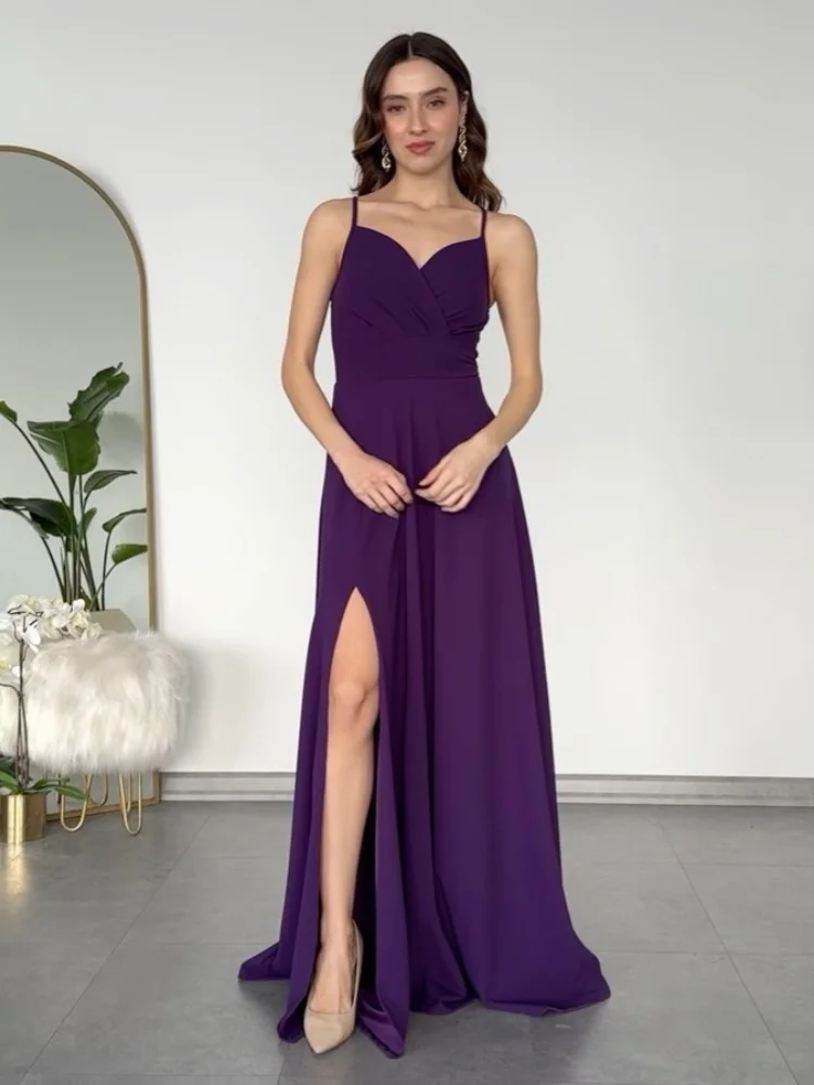 Satin V-neck Spaghetti Strap Bridesmaid Dresses With Split Elegant Long Backless Prom Gowns Ruched Lace Up Wedding Party Dress
Satin V-neck Spaghetti Strap Bridesmaid Dresses With Split Elegant Long Backless Prom Gowns Ruched Lace Up Wedding Party Dress